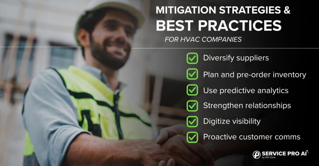 A checklist of mitigation strategies for hvac companies with an hvac technician shaking a customer's hand. 