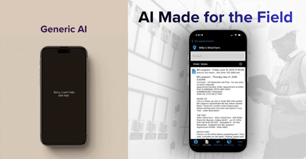 A split graphic contrasting Generic AI, represented by a blank phone screen displaying "Sorry, I can't help with that," with Service Pro AI's mobile app showing a detailed, AI-generated Job Prep Brief for an upcoming appointment, under the headline "AI Made for the Field."