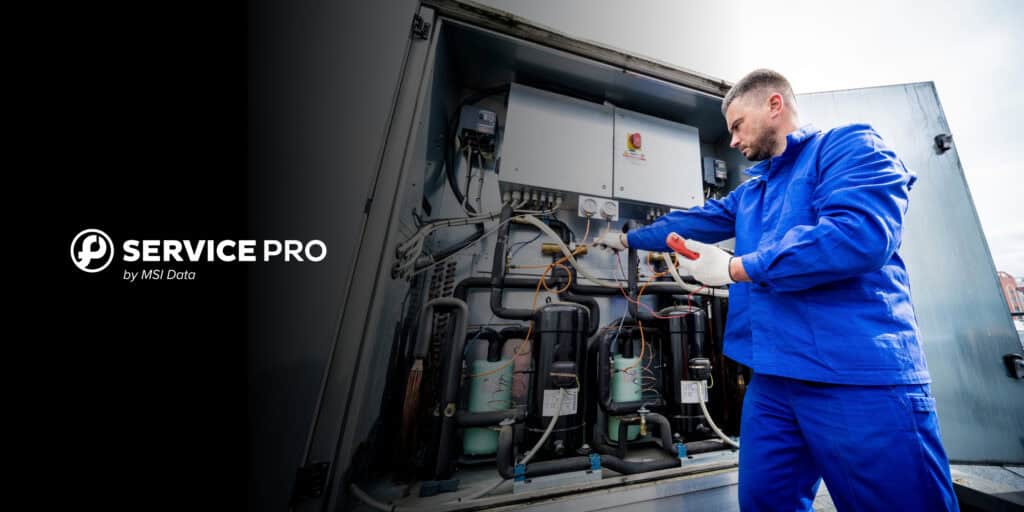 A technician using a multimeter to test electrical components on a commercial refrigeration unit, with the Service Pro by MSI Data logo.