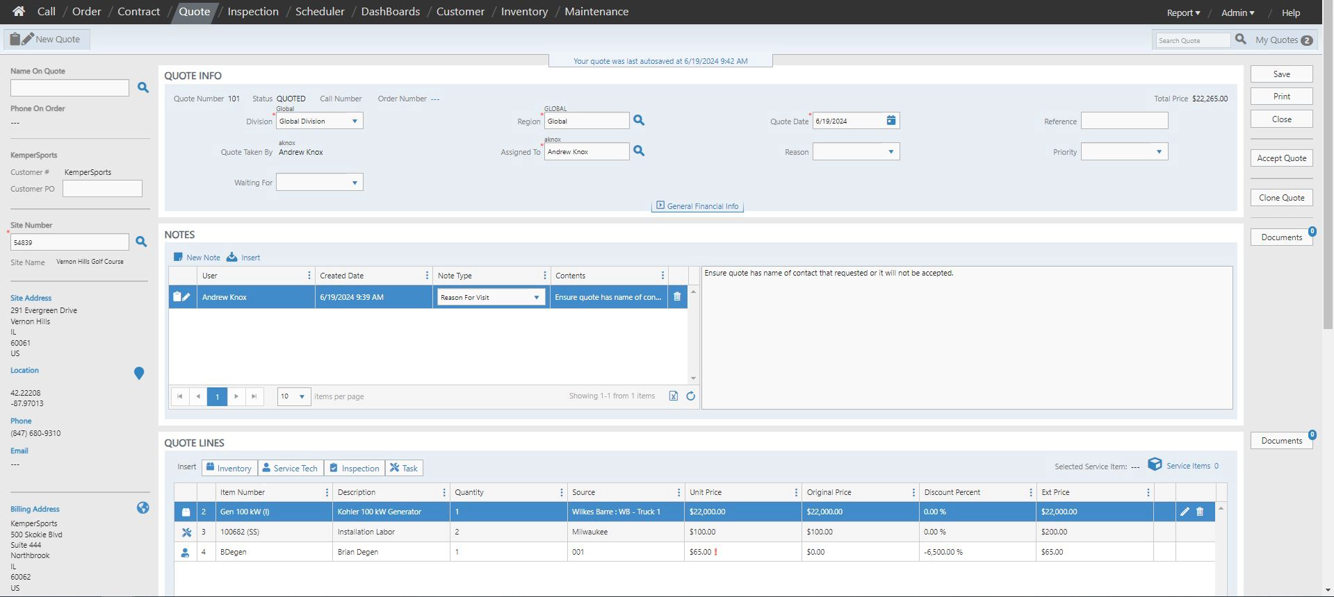 Screenshot of quote screen in Service Pro platform.