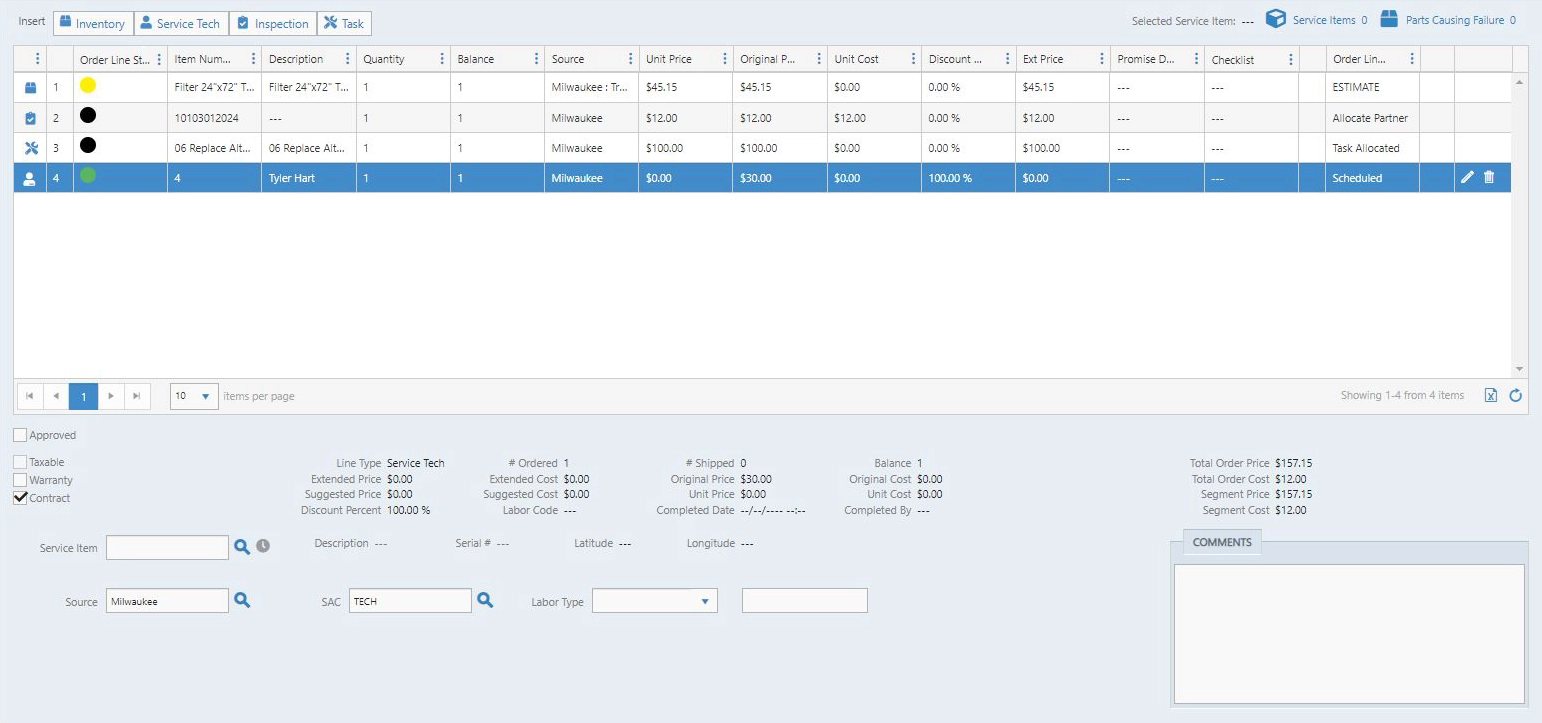 Screenshot of parts and orders screen in Service Pro platform.