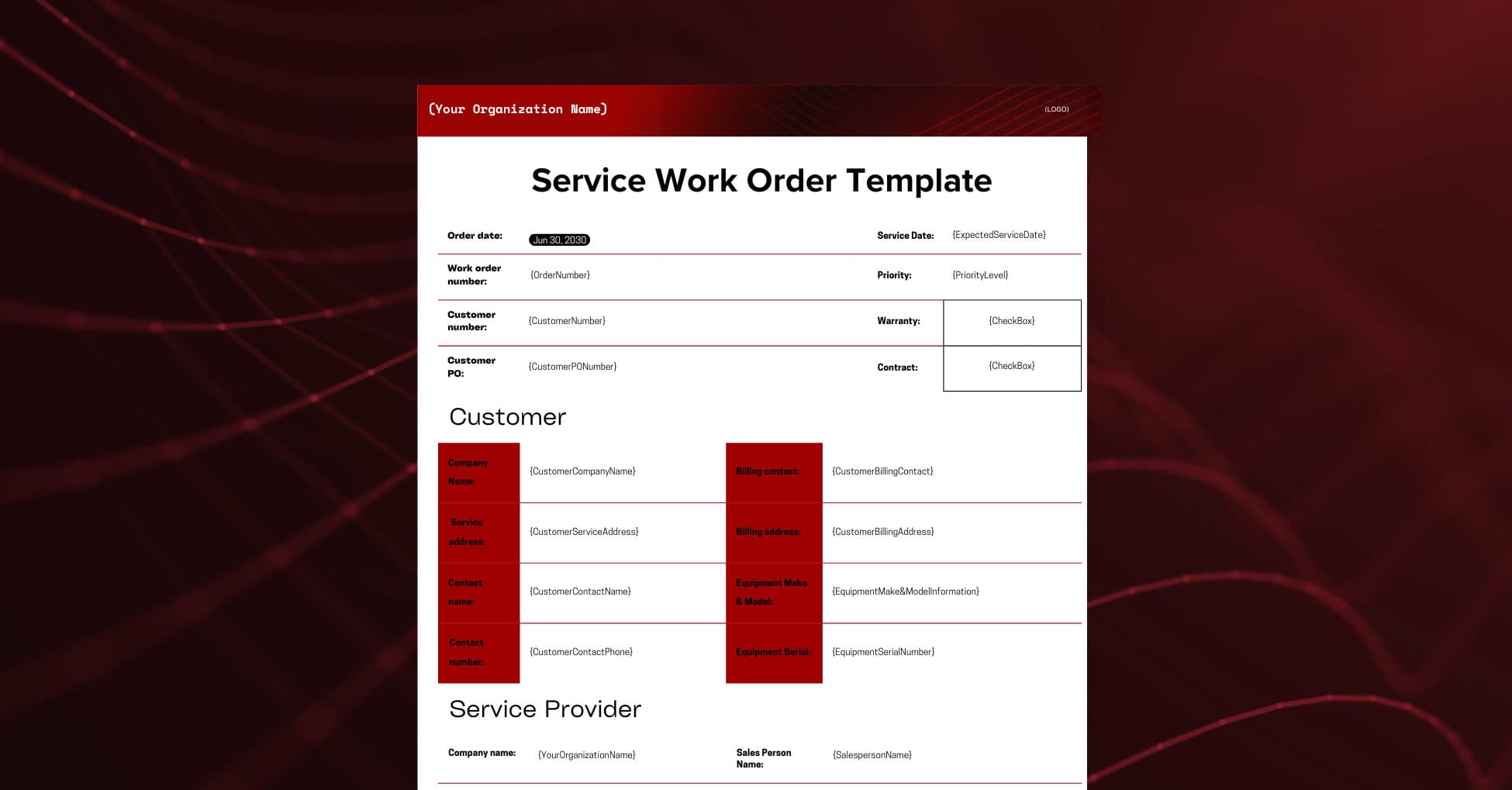 Showing Service Pro by MSI Data's Work Order Template.