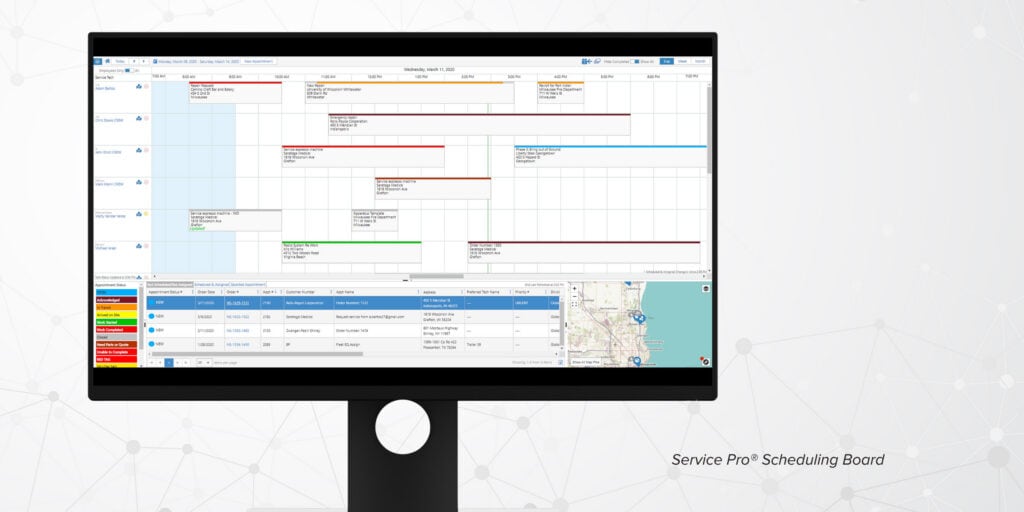 Service Pro scheduling board displaying a day view of technician appointments with color-coded status bars, an unscheduled work order queue, and a map view of job locations.
