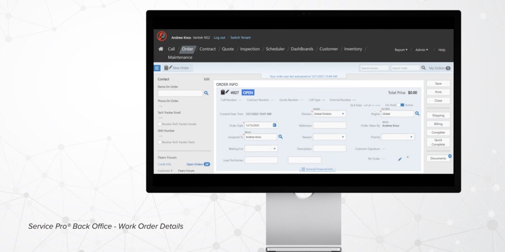 Service Pro back office work order details screen showing order info fields including order date, division, region, assigned technician, and priority.
