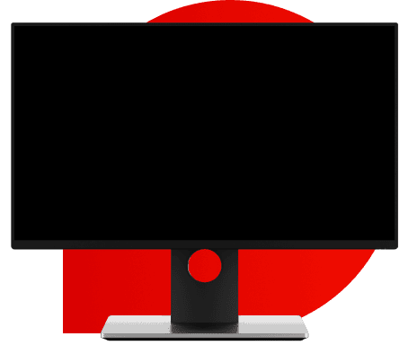 Computer monitor overlayed on top of red speech bubble.