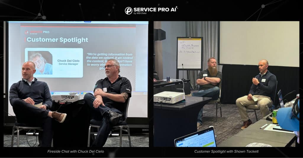 Side-by-side photos from the 2026 Service Pro AI Roadshow. On the left, Chuck Del Cielo participates in a fireside chat with an MSI Data team member in front of a Customer Spotlight slide. On the right, Shawn Tackett speaks during a customer spotlight session at a roadshow stop.