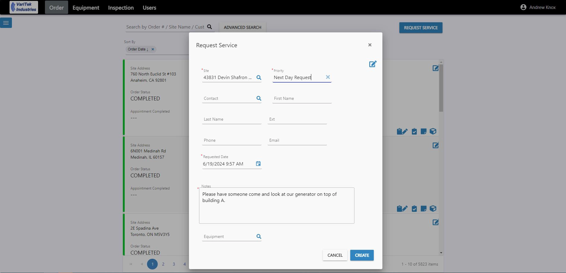 Request Service Screen in Customer Portal Add-On screenshot.