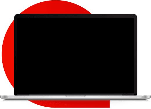 Laptop overlayed on top of red speech bubble.