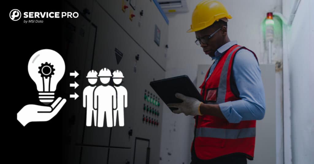 A service technician with a mobile device and a graphic showing knowledge management.