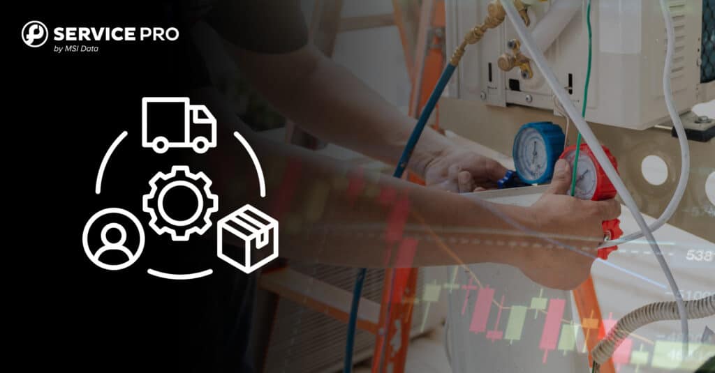 An icon of an hvac supply chain with the Service Pro by MSI Data logo in the corner and an hvac technician.