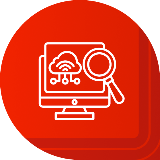 A white line drawing of a computer, high-tech cloud, and magnifying glass in a red speech bubble.