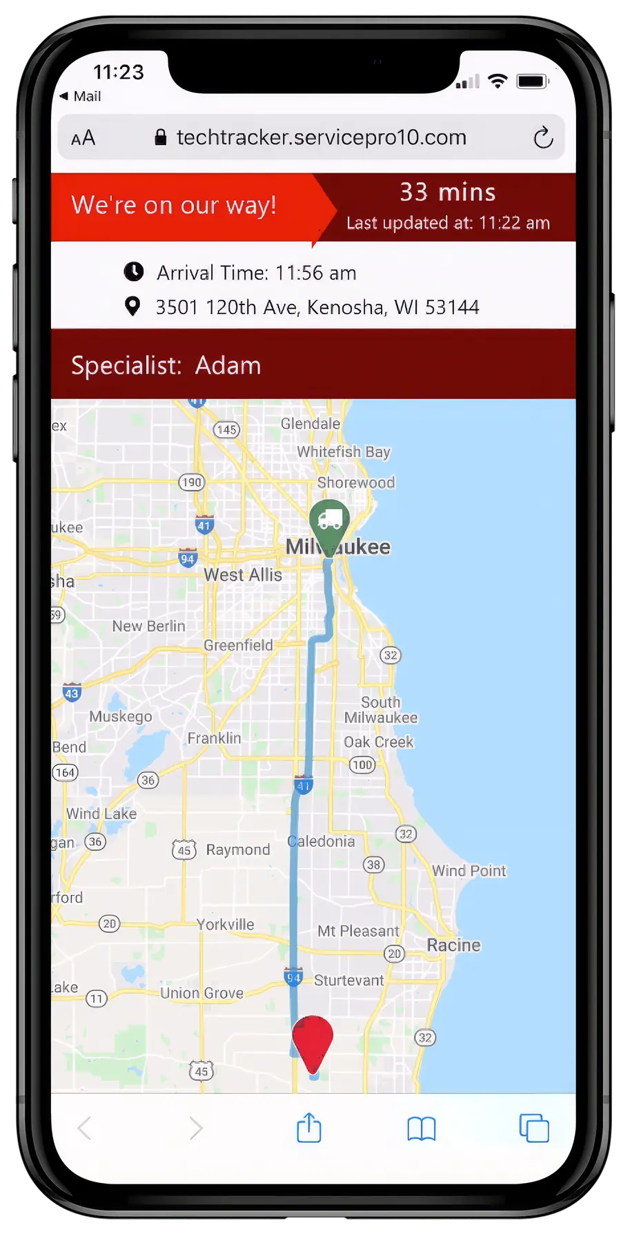Overlay of iPhone displaying Service Pro software with red pipe pattern on top of a background image of field service technicians.