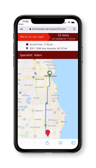 Overlay of iPhone displaying Service Pro software with red pipe pattern on top of a background image of field service technicians.