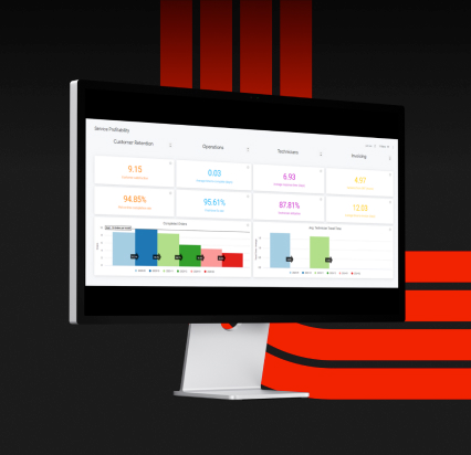 Overlay of a computer monitor displaying Service Pro software with a red pipe pattern on top of a black.