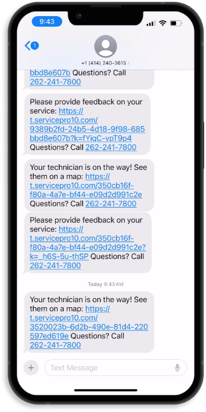 iPhone showing text notifications of appointment updates and customer satisfaction surveys.