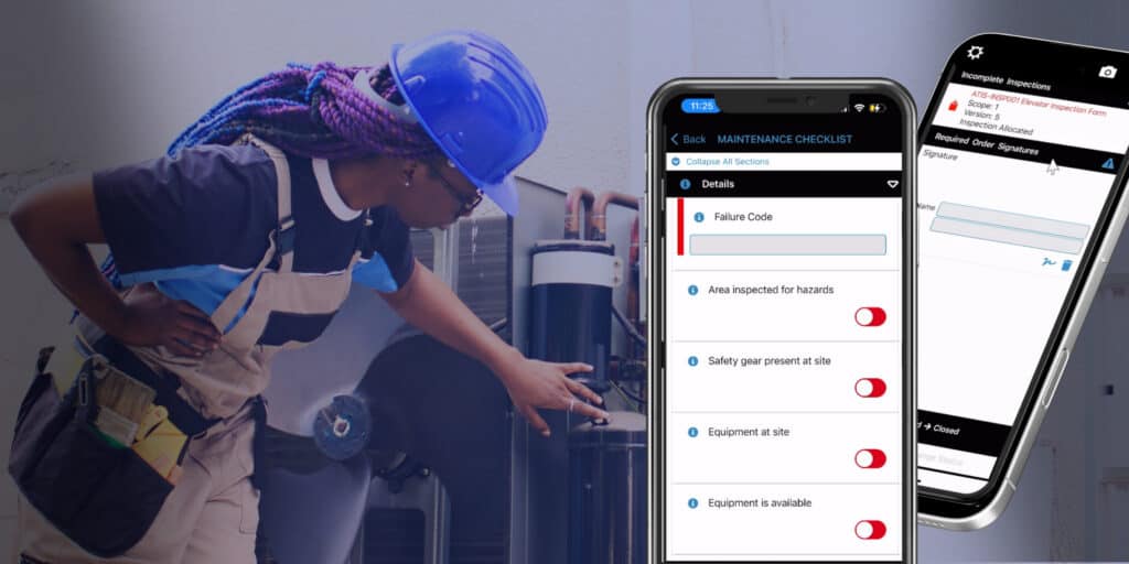 An HVAC technician with images of Service Pro Mobile maintenance checklist and inspections.
