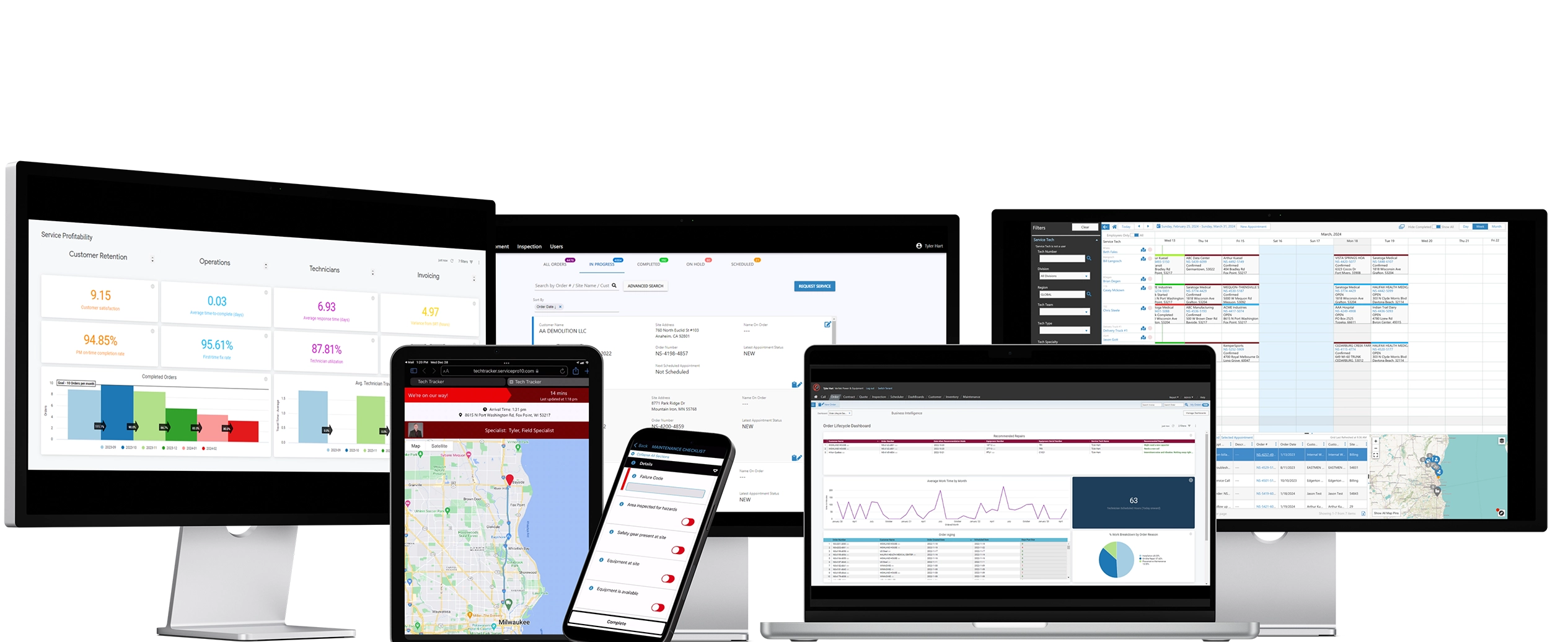 Collage of monitors, phones, tablets, and computers showing Service Pro features.