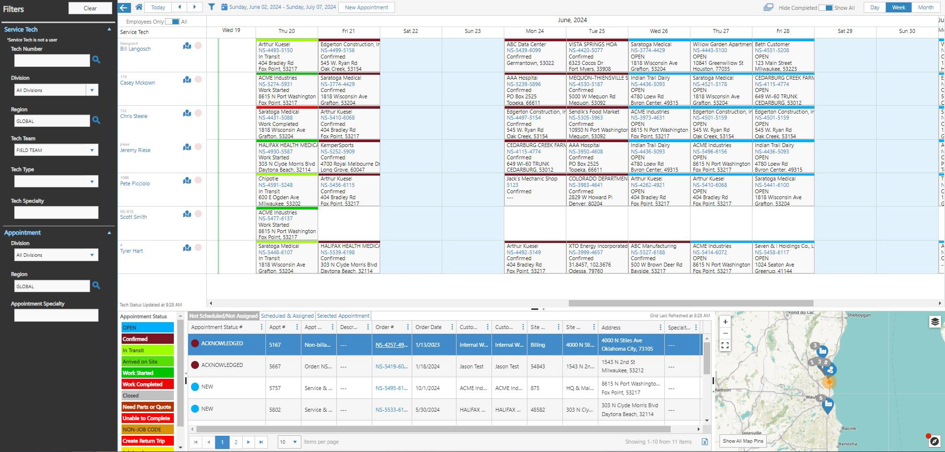Screenshot of Scheduling Board in Service Pro platform.