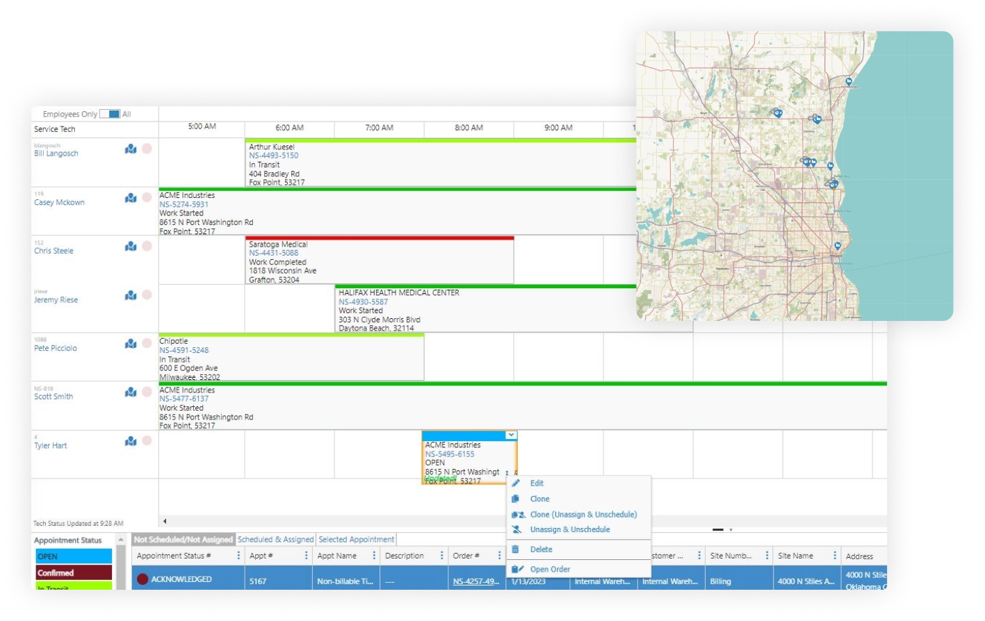 Screenshot of the Map View of the Scheduling Board in Service Pro platform.