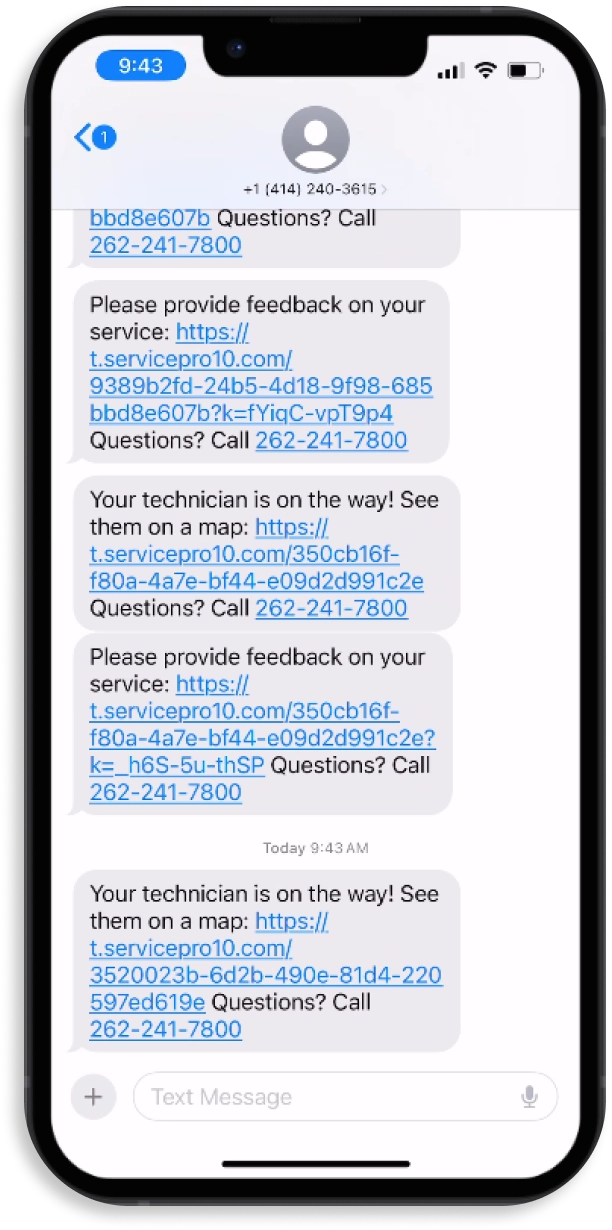 iPhone with SMS communication in Technician Tracker Add-On.