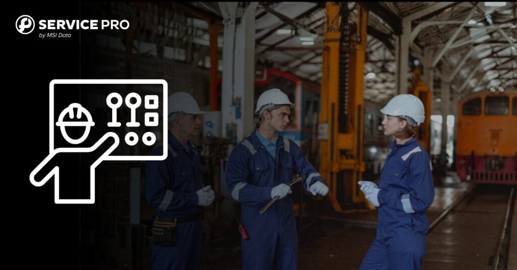 Three service technicians meet for training in an industrial setting.