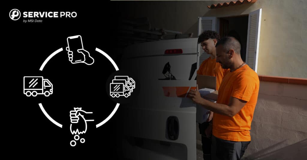 Service Pro by MSI Data icon cycle showing mobile phone, truck, and hand icons representing the truck roll process, alongside a photo of two field technicians unloading equipment from a service van.
