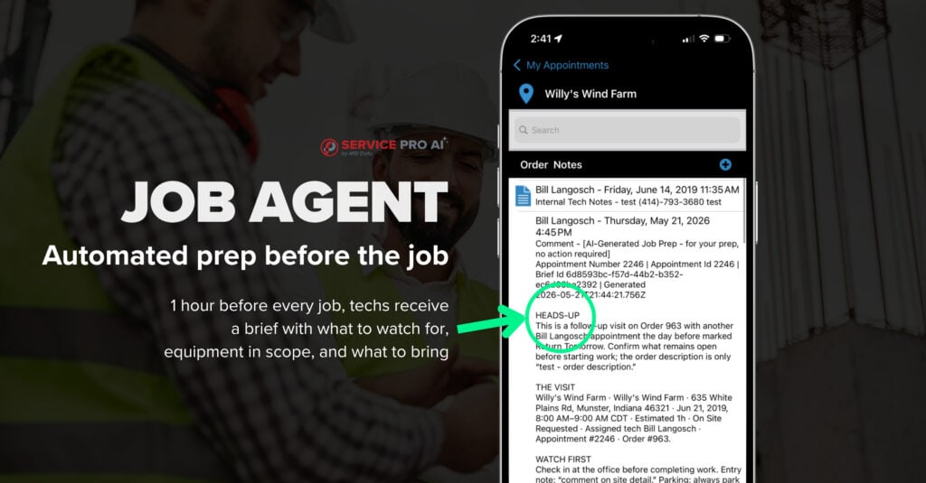 A screenshot and description of the Job Agent in Service Pro AI. 
