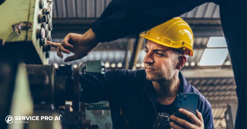 A field technician uses his phone while working alongside a colleague on industrial machinery.