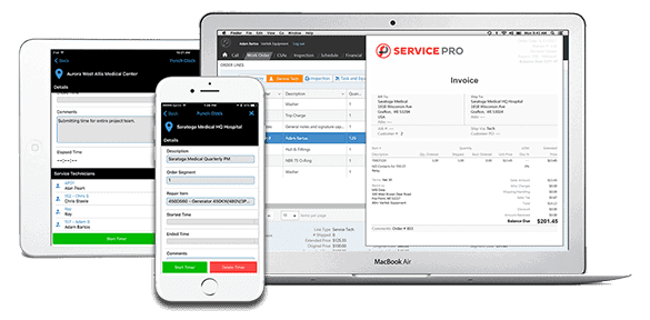 Screenshots of Service Pro by MSI Mobile Form Builder on a Macbook, iPad and iPhone